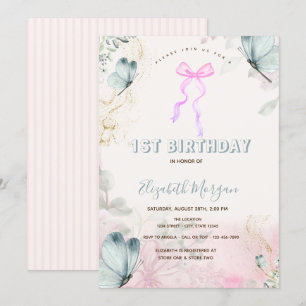 Bow Flowers Blue Butterflies Striped Birthday Invitation
