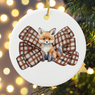 Bow Fox Cute Watercolor Whimsical Christmas Ceramic Ornament