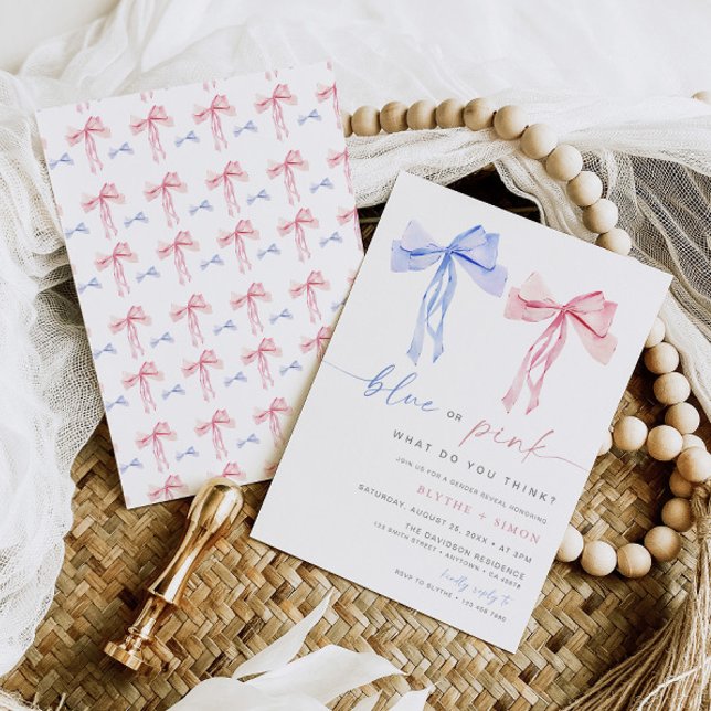 Bow Gender Reveal Invitation Blue Pink Coquette  (Creator Uploaded)