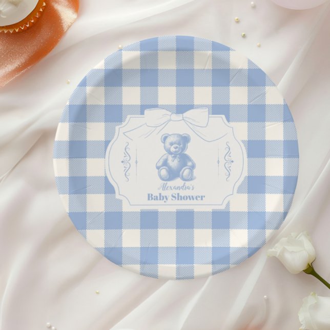 Bow Gingham French Teddy Bear Baby Shower Paper Plate (Creator Uploaded)