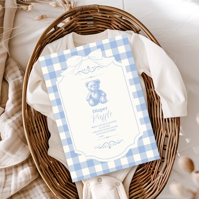 Bow Gingham French Teddy Bear  Diapper Raffle Enclosure Card (Creator Uploaded)