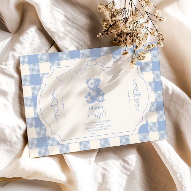 Bow Gingham French Teddy Bear  Diapper Raffle Enclosure Card (Creator Uploaded)