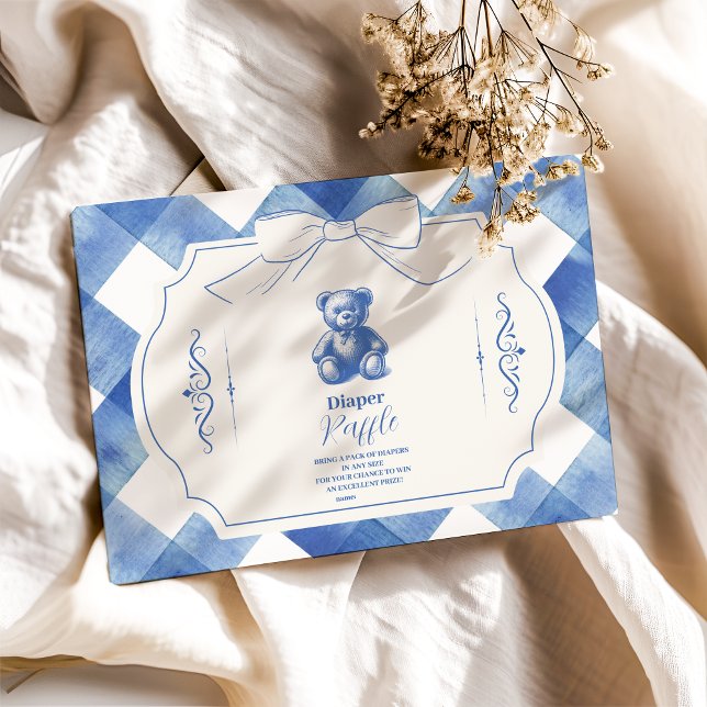 Bow Gingham French Teddy Bear  Diapper Raffle Enclosure Card (Creator Uploaded)