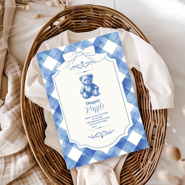 Bow Gingham French Teddy Bear  Diapper Raffle Enclosure Card (Creator Uploaded)