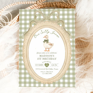 Bow Gingham One Silly Goose 1st Birthday Invitation