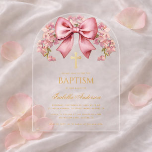 Bow Girl Baptism Pink Floral Elegant Christening  Acrylic Invitations