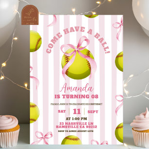 Bow Girl Softball Birthday Game time Invitation