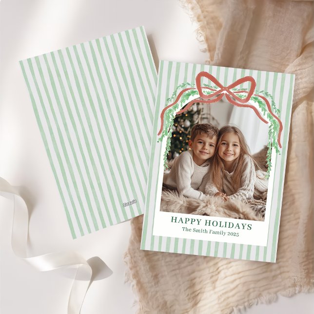 Bow Green Stripe Christmas Photo Holiday Card (Creator Uploaded)