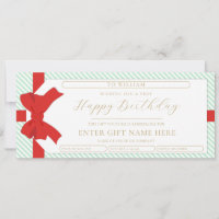 Bow Green Stripe Happy Birthday Gift Voucher Card