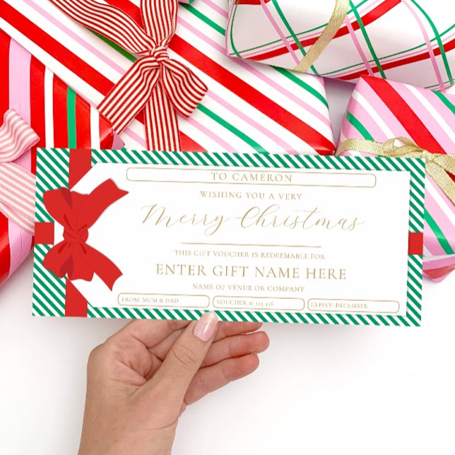 Bow Green Stripe Merry Christmas Gift Voucher Card (Creator Uploaded)