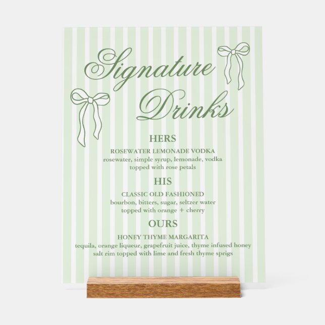 Bow Green Wedding Signature Drinks Cocktails  Acrylic Sign (Front)