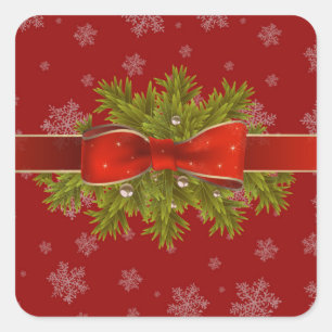 Bow, Greenery on Red Snowflake Covered Background  Square Sticker