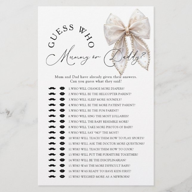 Bow Guess Who Mommy or Daddy Baby Shower Game (Front)