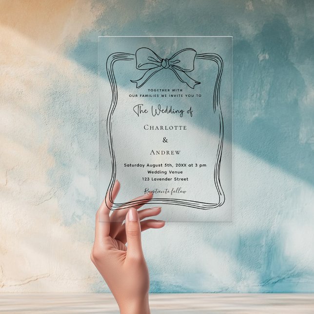 Bow hand drawn black clear wedding acrylic invitations (Creator Uploaded)