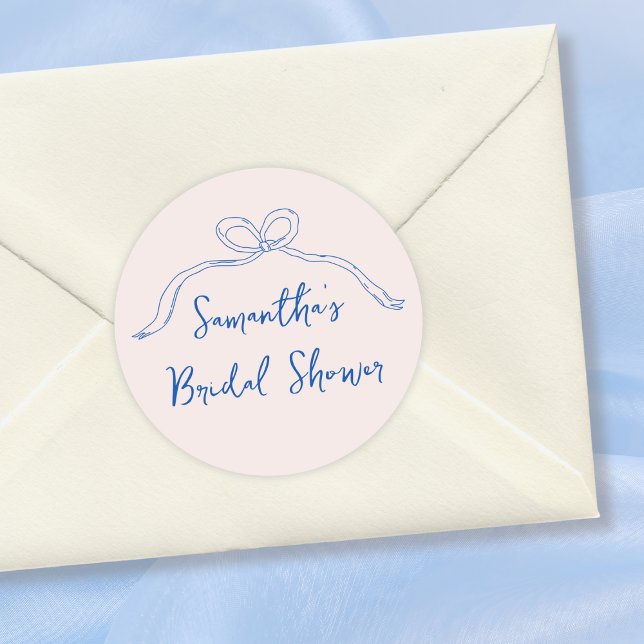 Bow Hand Drawn Something Blue Bridal Shower Classic Round Sticker (Bow Hand Drawn Something Blue Bridal Shower Classic Round Sticker)