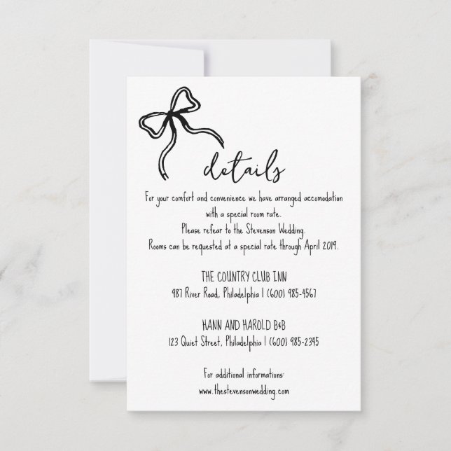 Bow hand drawn Wedding Details card (Front)
