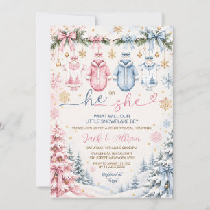 Bow He or She Snowflake Clothesline Gender Reveal Invitation