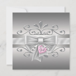 Bow Heart Charm Pink Silver Baby Girl Shower Invitation