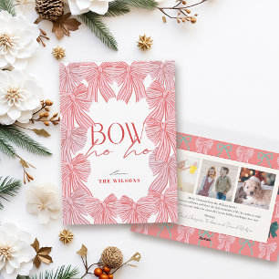 Bow Ho Ho Red & Pink Bows 3 Photo Christmas Holiday Card