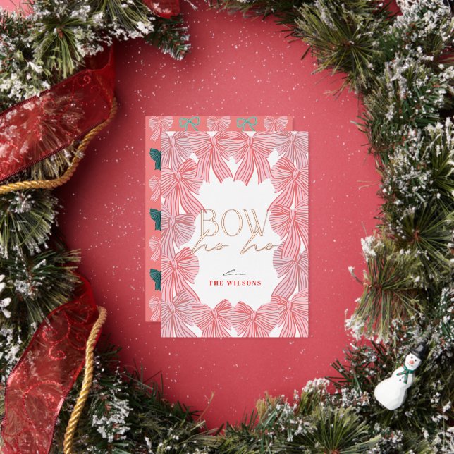 Bow Ho Ho Red & Pink Bows Photo Christmas Foil Holiday Card (Insitu)