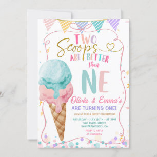 Bow Ice Cream Two Scoops Twin Girls Birthday Party Invitation