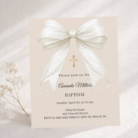 Bow Ivory Beige Pearls Girl Baptism Invitation