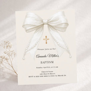 Bow Ivory Cream Pearls Girl Baptism invitation