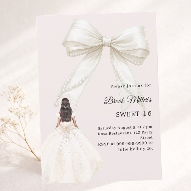 Bow ivory dress blush pink luxury Sweet 16 Invitation (Creator Uploaded)