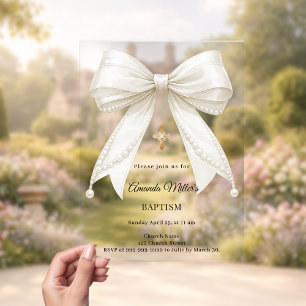 Bow Ivory Pearls Girl Elegant Baptism Acrylic Invitations