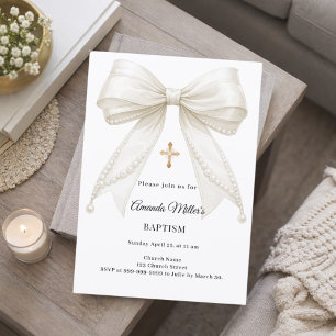 Bow Ivory Pearls Girl Elegant Baptism Invitation