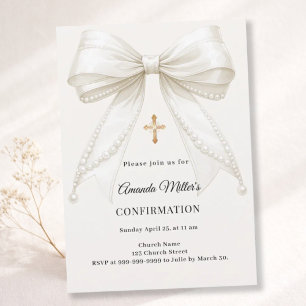 Bow ivory pearls girl elegant Confirmation Invitation