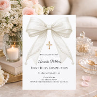 Bow ivory pearls girl elegant First Communion