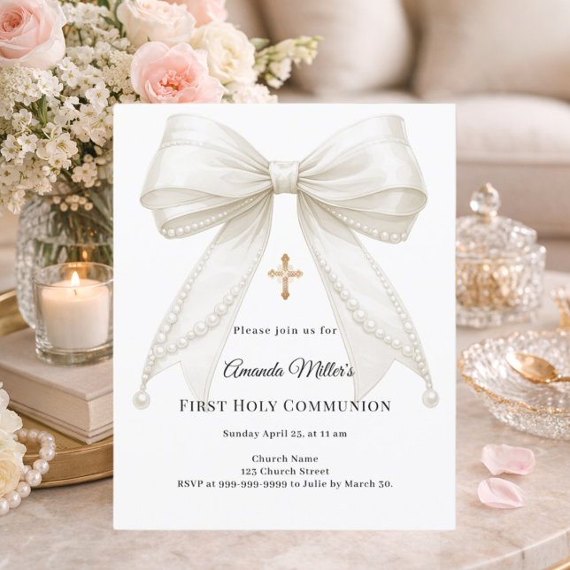 Bow ivory pearls girl First Communion invitation (Creator Uploaded)