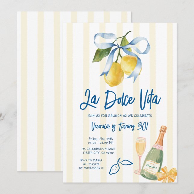 Bow La Dolce Vita 30th Lemon Citrus Birthday Party Invitation (Front/Back)