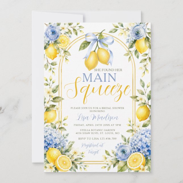 Bow Lemon She Found Her Main Squeeze Bridal Shower Invitation (Front)