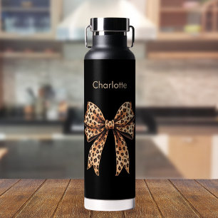 Bow leopard black custom name water bottle