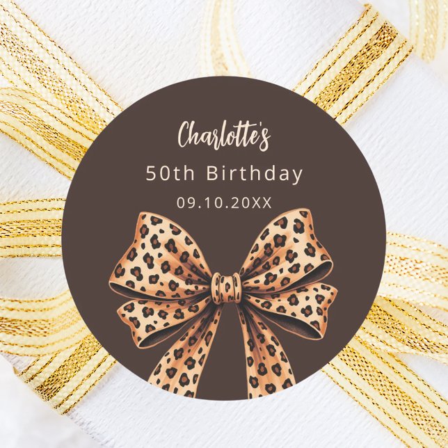 Bow leopard print bistre brown Birthday Classic Round Sticker (Creator Uploaded)