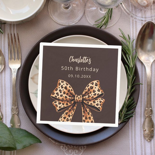 Bow leopard print bistre brown Birthday Napkin (Creator Uploaded)