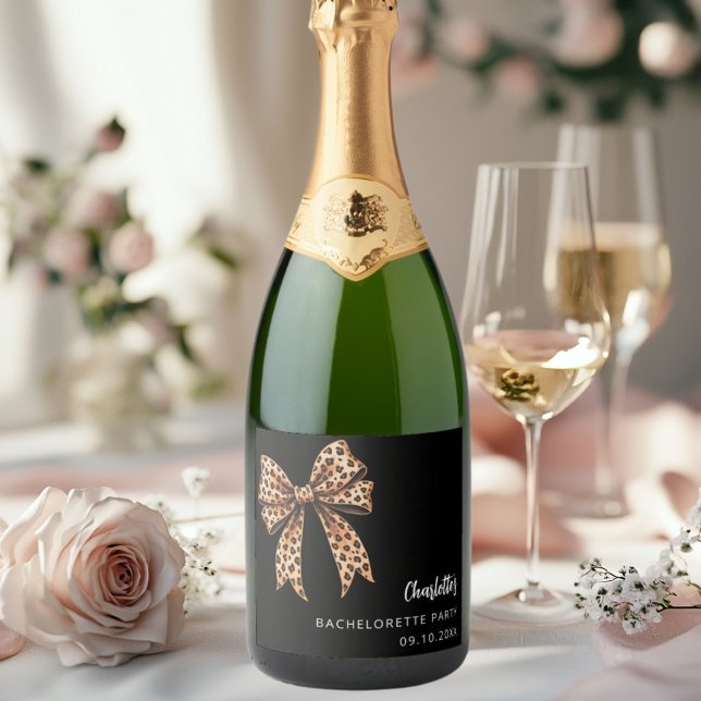 Bow leopard print black Bachelorette Party Sparkling Wine Label (Creator Uploaded)