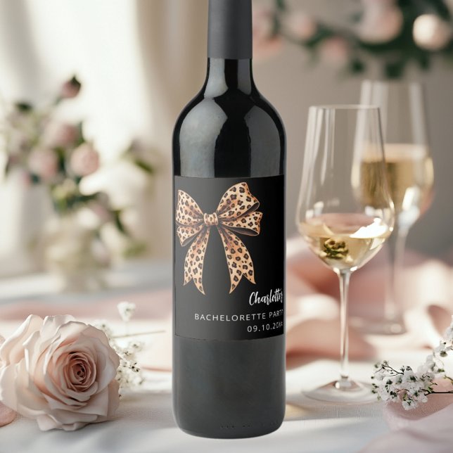 Bow leopard print black Bachelorette Party Wine Label (Creator Uploaded)