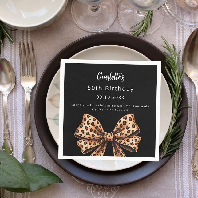 Bow leopard print black Birthday Napkin (Creator Uploaded)