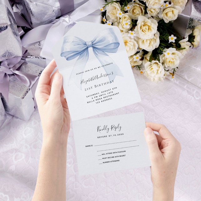 Bow light blue rsvp birthday all in one invitation (Creator Uploaded)