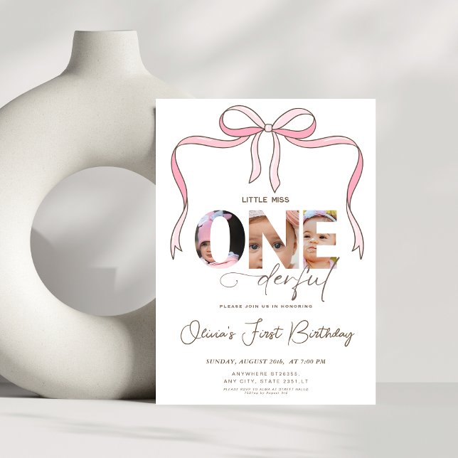 bow little miss Onederful 1st Birthday 3 photo  Invitation (Creator Uploaded)