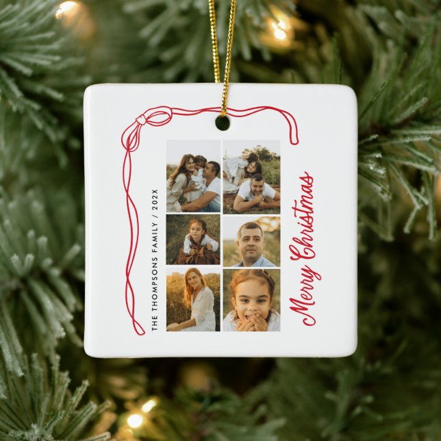 Bow Merry Christmas Family 6 Photos Ceramic Ornament (Tree)