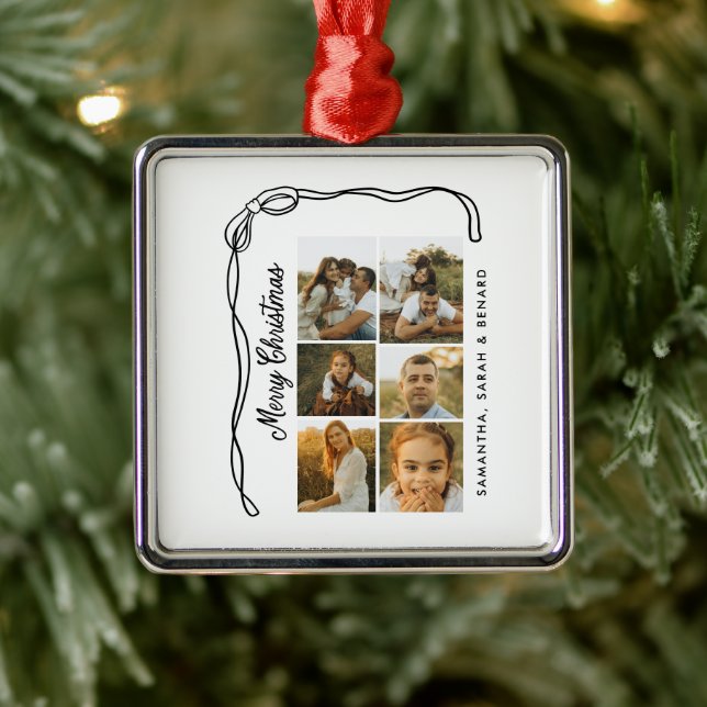 Bow Merry Christmas Family 6 Photos Metal Ornament (Tree)