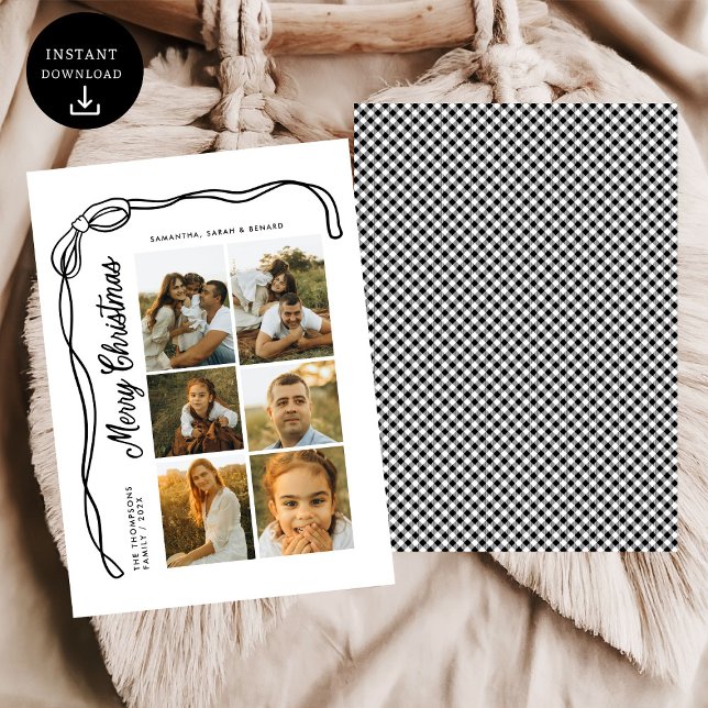 Bow Merry Christmas Family 6 Photos Plaid Holiday Card (Creator Uploaded)