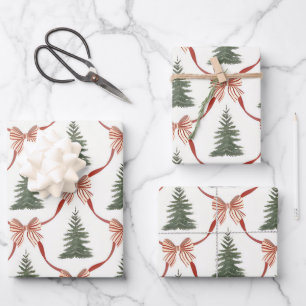 Bow Merry Christmas Watercolor Tree Wrapping Paper