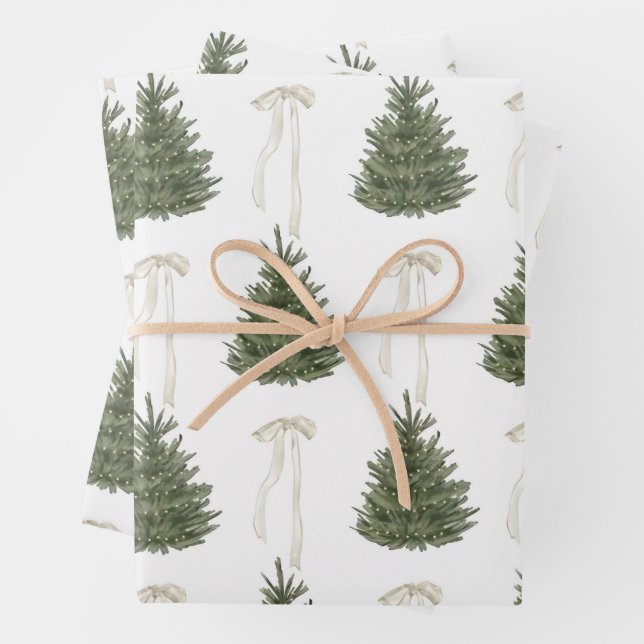 Bow Merry Christmas Watercolor Tree Wrapping Paper (In situ)