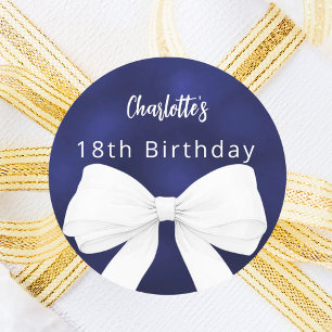 Bow navy blue white Birthday Classic Round Sticker