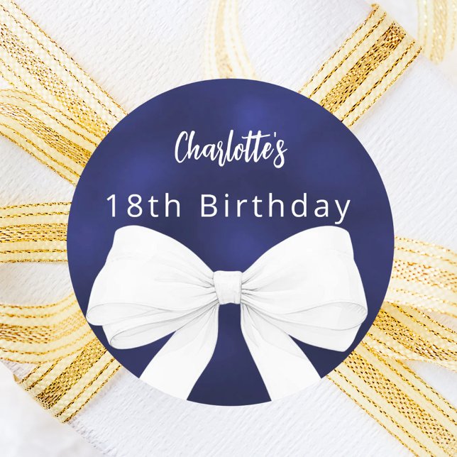 Bow navy blue white Birthday Classic Round Sticker (Creator Uploaded)